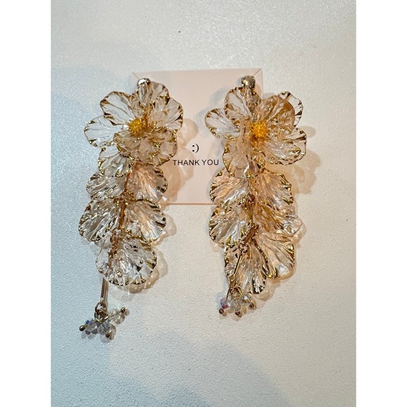 Luxury Clear Resin Floral Tassel Earrings French Romantic Gold Edged Petals new - Picture 3 of 5